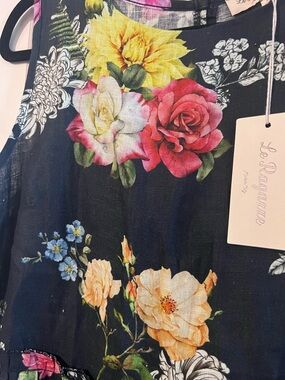 Floral Sleeveless Navy Linen Dress